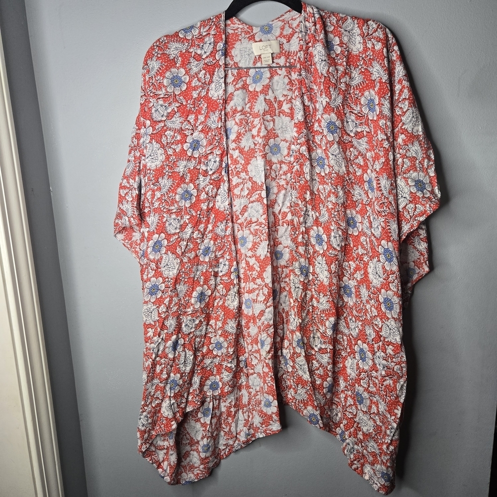 LOFT Outlet Red Floral Kimono Duster Open Front Lightweight Boho One Size